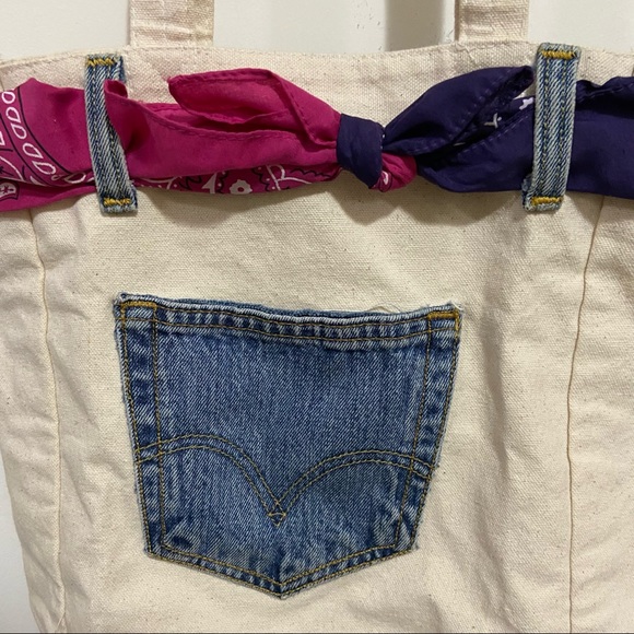 Handmade Denim Jeans Pocket Pink and Purple Bandana Tote Bag - Picture 3 of 6